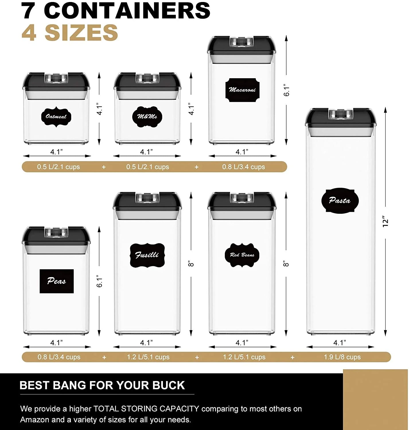 Airtight Food Storage Containers with Lids, 7 PCS BPA Free Kitchen Plastic Storage Containers for Dry Food,Flour and Sugar, for Pantry Organization and Storage