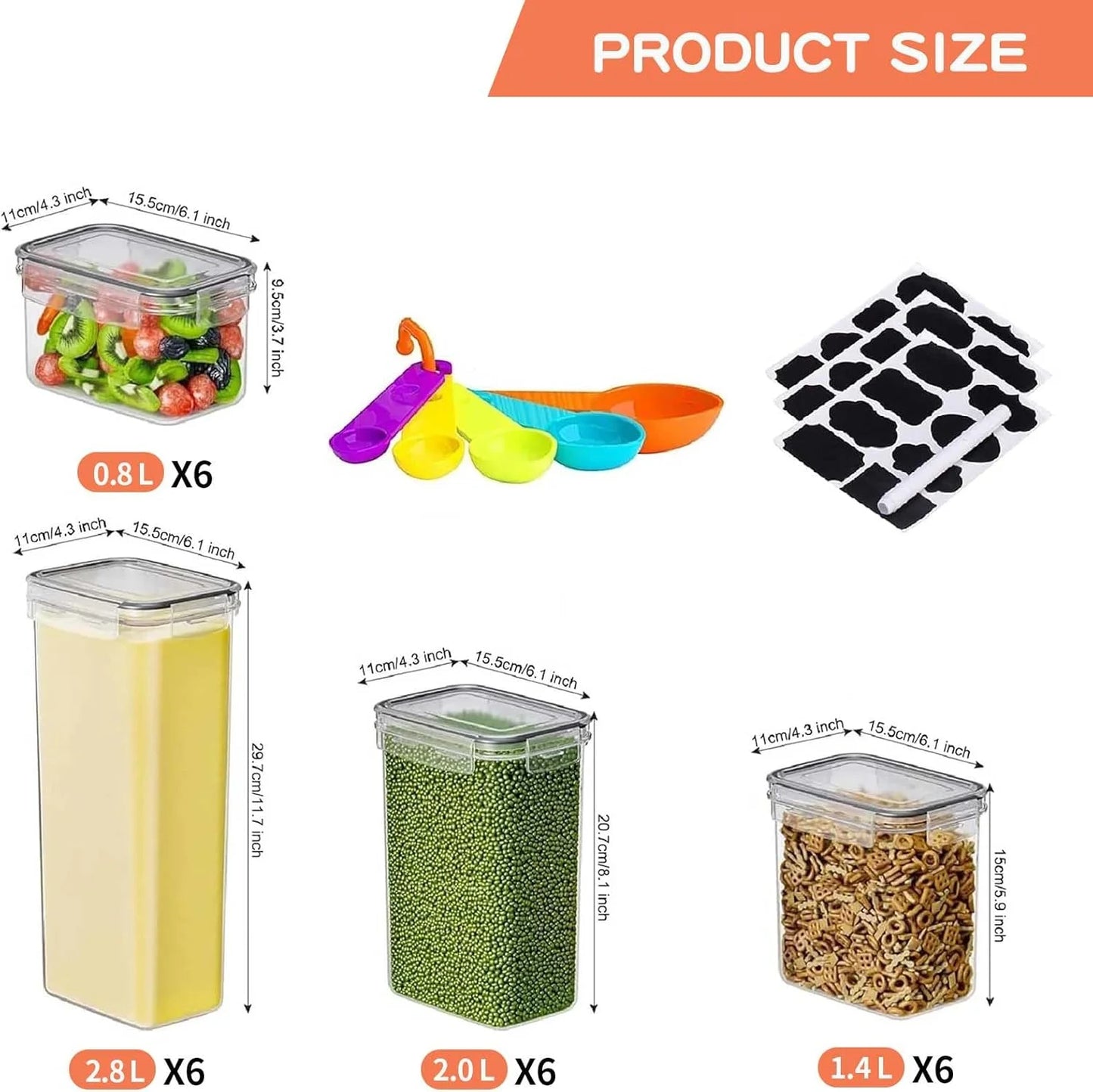 24 Pack Airtight Food Storage Containers with Lids, Plastic Kitchen and Organization Canisters for Cereal, Flour and Sugar, BPA Free, Includes Spoons, Labels and a Pen