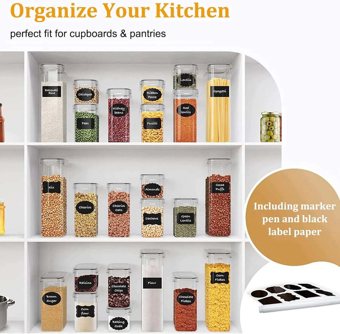 24 Pack Airtight Food Storage Containers with Lids, Plastic Kitchen and Organization Canisters for Cereal, Flour and Sugar, BPA Free, Includes Spoons, Labels and a Pen