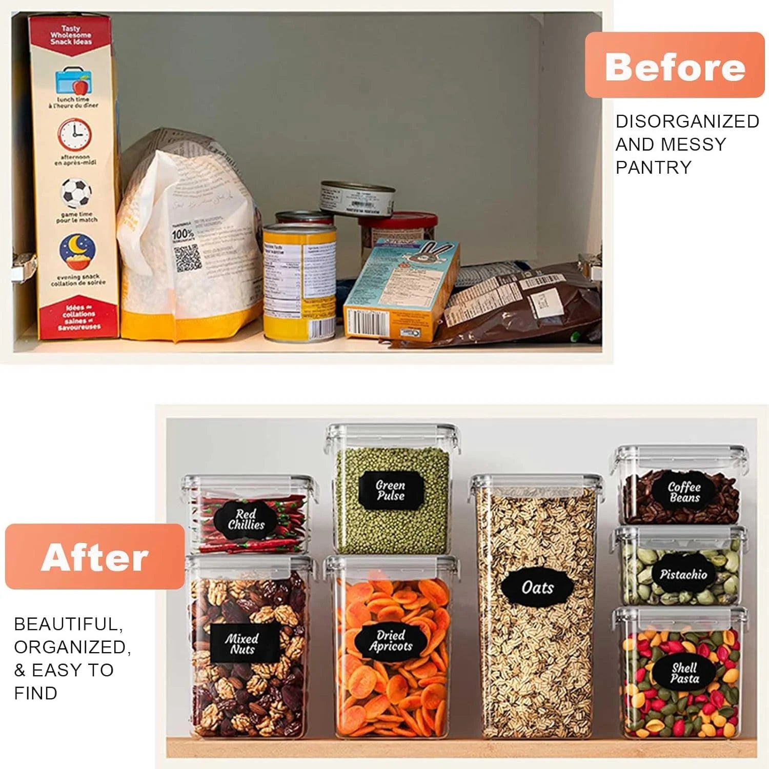 24 Pack Airtight Food Storage Containers with Lids, Plastic Kitchen and Organization Canisters for Cereal, Flour and Sugar, BPA Free, Includes Spoons, Labels and a Pen