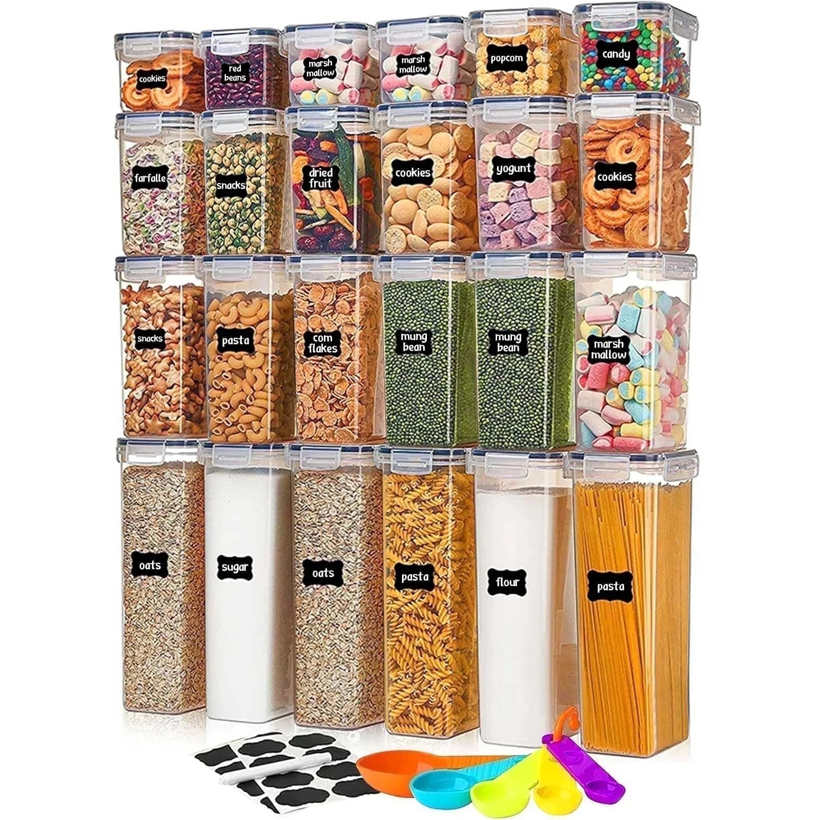 24 Pack Airtight Food Storage Containers with Lids, Plastic Kitchen and Organization Canisters for Cereal, Flour and Sugar, BPA Free, Includes Spoons, Labels and a Pen